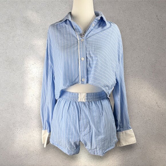 ZARA Striped Poplin Shirt Shorts Set Women’s XS Blue Two-Piece Cropped Y2K Chic - Picture 1 of 14